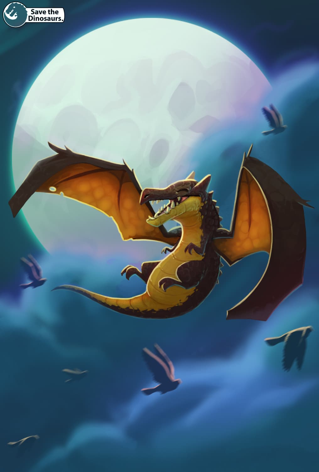 happy dragon flying at night