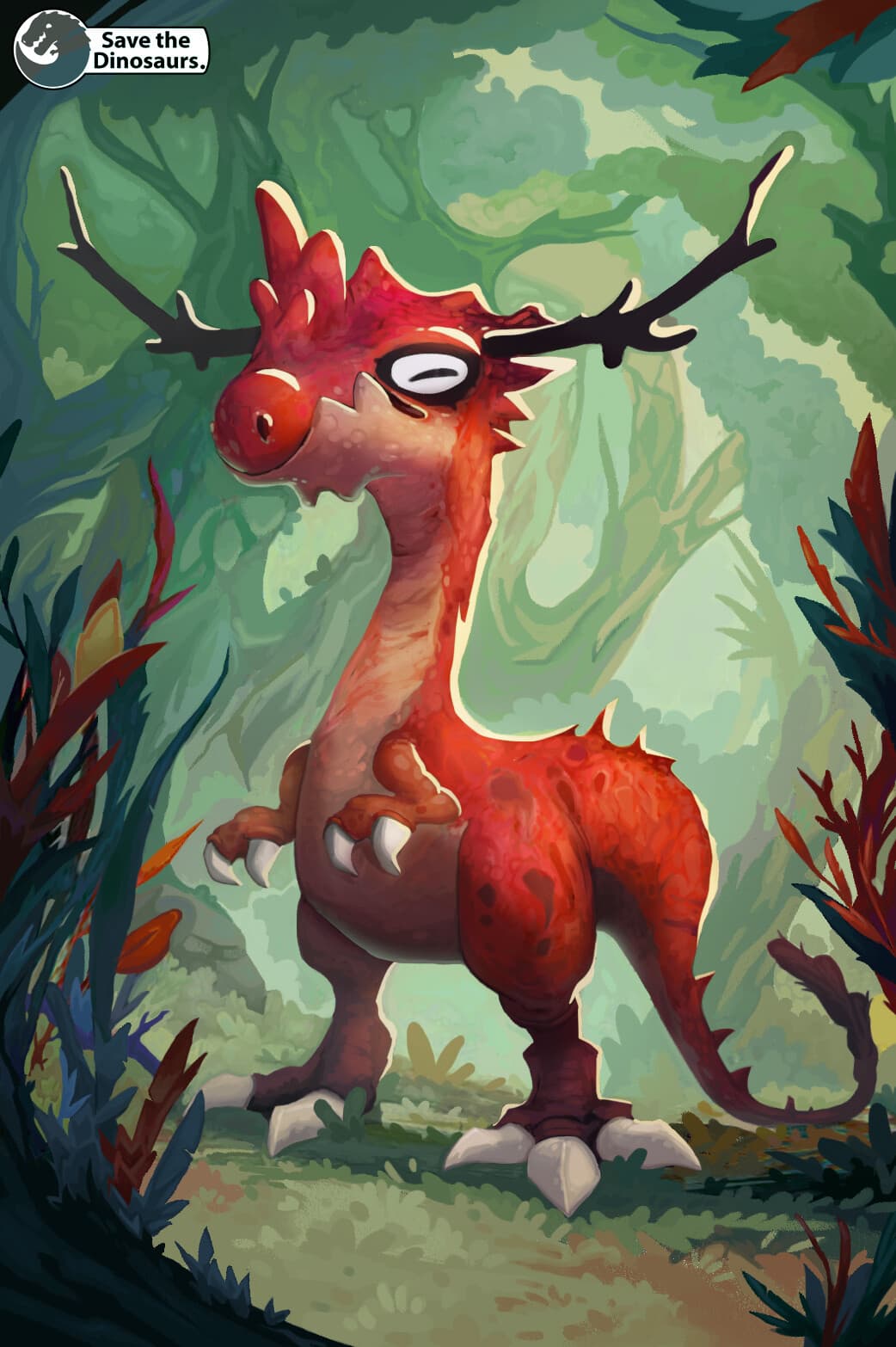red dino in the forest
