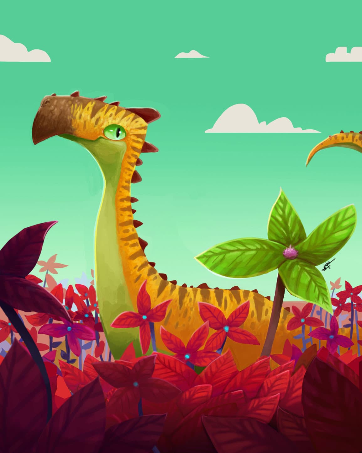 a yellow dino in a red feild